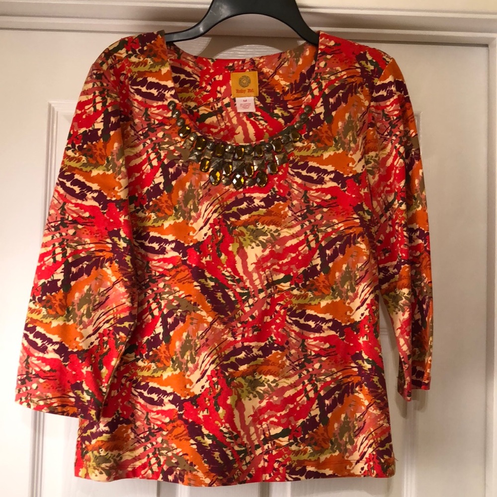Ruby Road printed top, medium, jeweled neckline